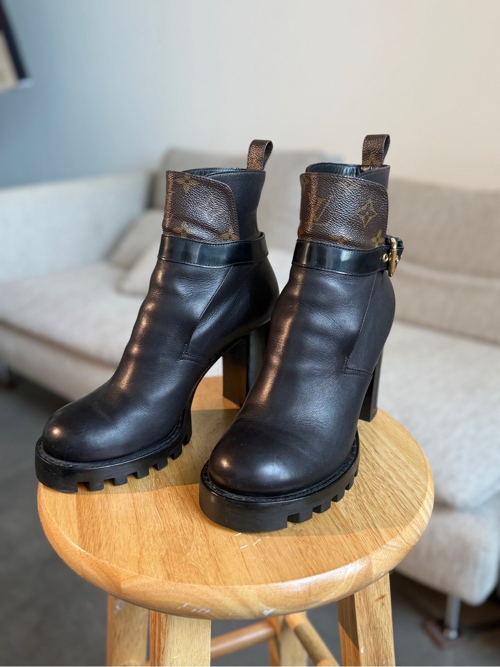 Louis Vuitton Black Leather Platform Ankle Boots with Monogram Cuff